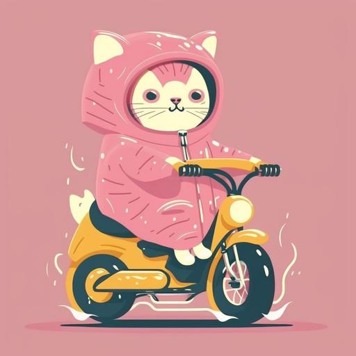 A big-eyed cat in a pink raincoat is riding a mini bike. flat vector illustration