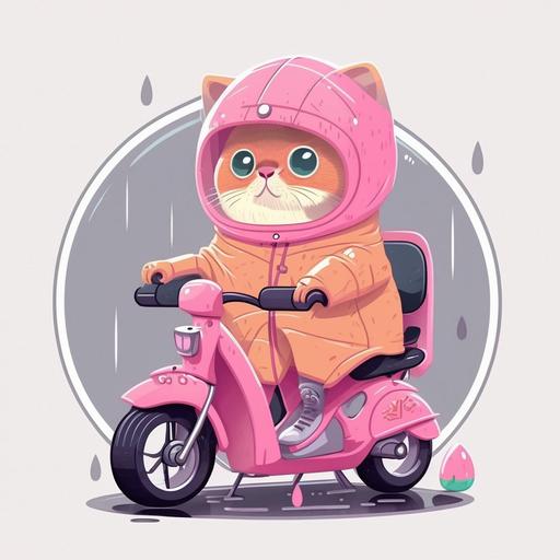 A big-eyed cat in a pink raincoat is riding a mini bike. flat vector illustration