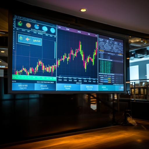 A big screen with a cryptoCurrency chart going up