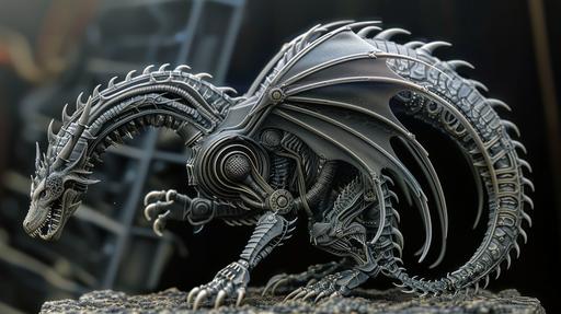A biomechanical Loong Dragon in the style of H.R. Giger, featuring intricate, tattoo-like detailing. The dragon's form is both organic and mechanical, emerging from a dark, surreal landscape that is both haunting and captivating --ar 16:9 --v 6.0 --s 250 --style raw
