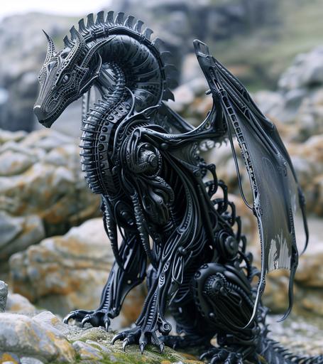 A biomechanical Loong Dragon in the style of H.R. Giger, featuring intricate, tattoo-like detailing. The dragon's form is both organic and mechanical, emerging from a dark, surreal landscape that is both haunting and captivating --ar 100:113 --v 6.0 --s 250 --style raw