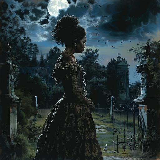A biracial Black woman, in a colonial dress, standing in a moonlit graveyard as black shadows gather around her feet, detailed, hyperrealistic, dark art, occult