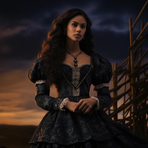 A biracial woman with long black curls, lwearing a colonial era dress standing at the crossroads under a full moon, with snakes at her feet, light brown eyes, and long nails.