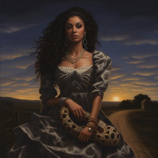 A biracial woman with long black curls, wearing a colonial era dress standing at the crossroads under a full moon, with snakes at her feet, light brown eyes, and long nails.