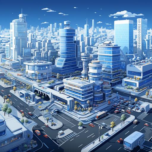 A bird's-eye view of the city with various white and bright blue alternating tall and low office buildings, a clean road map of the main body,isometric,Pixelart，Cyberpunk style， iso met-ric， Pixelart，rendering， blender 3D ar 16:9 --s 250 --v 5.2