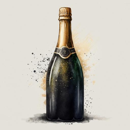 A black Champagne bottle, frontal view, simple, clean, watercolor drawing, blank background