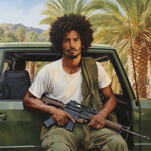 A black Eritrean soldier, with Ak47, no head scarf, just a curly afro hair, on the back of a green toyota pickup, with plastic sandal shoes, and a twisted bed sheet going from his shoulder to his waist, with palm trees on the background and a sandy valley, and a tight short
