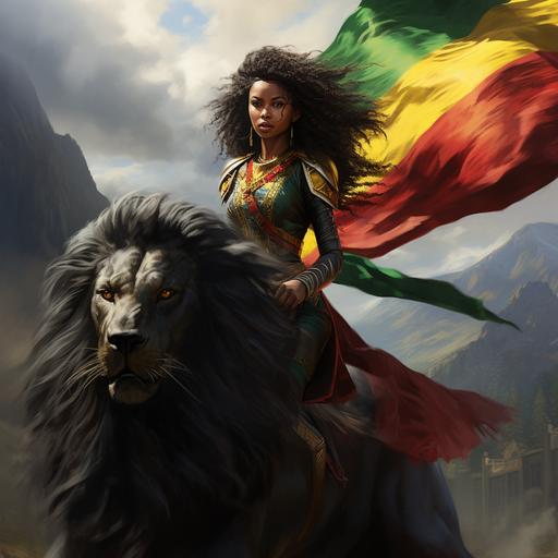 A black Ethiopian superheroine girl, riding a roaring black lion, carrying a green, yellow, and red striped flag, with mountainous background