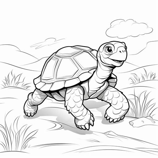 A black and white coloring page for kids cartoon style of a Trotting Tortoise - Cartoon tortoise taking a leisurely walk, ready for coloring motion, trotting, mirrorless, macro lens, studio setup, coloring motion, digital.