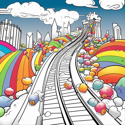 A black and white coloring page for young kids cartoon style of Colorful Candy Rainbow - Cartoon kids sliding down a rainbow made of colorful candies with joyful outlines, urging young artists to add colors to their sweet and candy-filled rainbow slide adventure, candy-themed, mirrorless, wide-angle lens, afternoon, candy rainbow artist, digital.