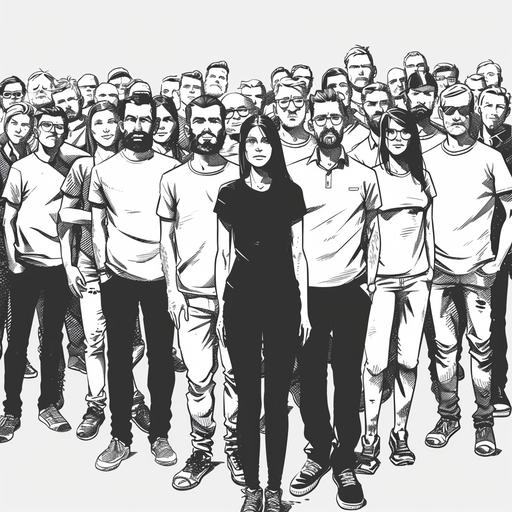 A black and white comic book illustration of of a group photo of a tech company with a fifty people in jeans and t-shirts