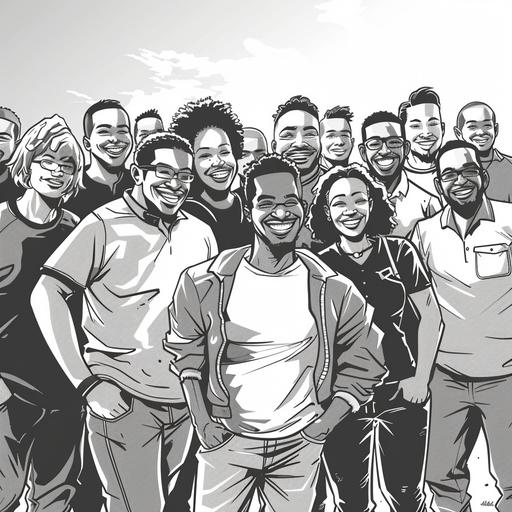 A black and white comic book illustration of of a group photo of fifty happy African male and female tech company employees in jeans and t-shirts