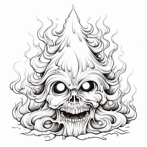 A black and white outline drawing, suitable for a scary adult coloring page, horror themed, minima Christmas Tree on Fire.