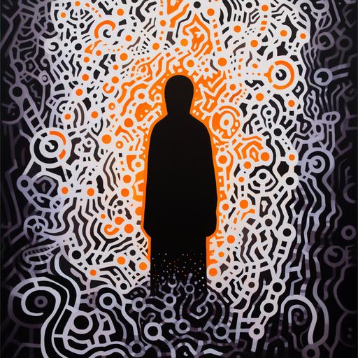 A black and white painting of a figure with a light on it, in the style of philip taaffe, fluorescent, light yellow and dark blue, ed brubaker, positive and negative spaces, realist detail, dark white and orange, damien hirst, DSLR RAW Photo, Kodak Portra anamorphic, vibrant cinematic raking light, photorealistic, ultra - realistic, stunning, highly - detailed, sharp focus, epic, subsurface scattering, rule of thirds, chromatic aberration texture, global illumination, unique perspective --niji 5 --s 250