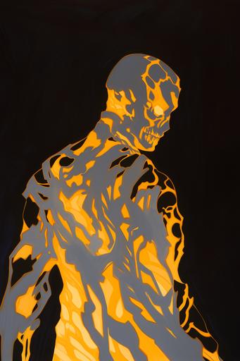 A black and white painting of a figure with a light on it, in the style of philip taaffe, fluorescent, light yellow and dark blue, ed brubaker, positive and negative spaces, realist detail, dark white and orange, damien hirst, DSLR RAW Photo, Kodak Portra anamorphic, vibrant cinematic raking light, photorealistic, ultra - realistic, stunning, highly - detailed, sharp focus, epic, subsurface scattering, rule of thirds, chromatic aberration texture, global illumination, unique perspective --ar 2:3 --niji 5 --s 250