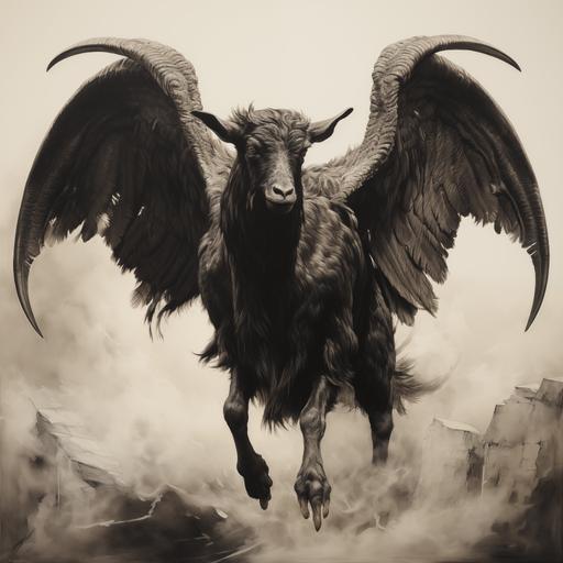 A black and white pencil drawing of a winged black goat. Solid color background. Goat should look eerie. --s 250 --c 3
