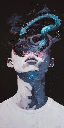 A black background with a white head and neck of an attractive man, the face is filled in with a dark starry sky and blue dragon , minimalistic collage, surrealism, pastel pink and light gray, darkly romantic illustrations, dark reflections, haunting shadows, in the style of Stephen prfrontierpunk. --ar 1:2