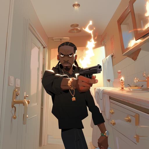 A black caribbean Rapper/trapper with a gun,looking like the original with the background full of fire and around the rapper too, fire scene, the rapper wearing a black hoodie hood on the head, Gold Chain, in the boondock style anime character, boondocks anime, explosion, street burning, fire everywhere, cinematic, masterpiece, cartoon, high quality, gangster scene  --s 750 --niji 5 --style expressive