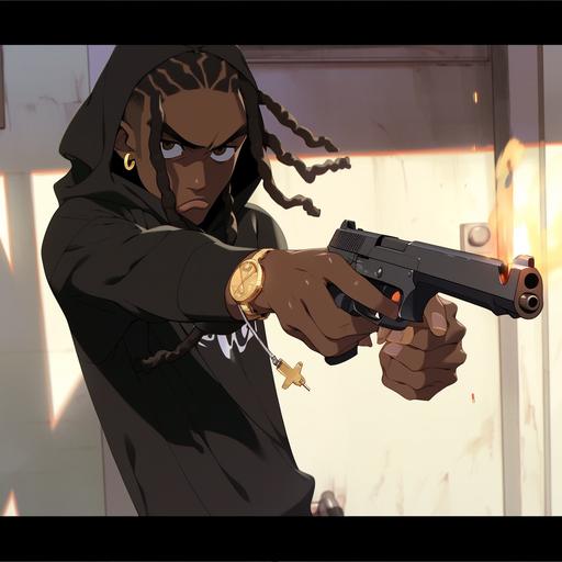 A black caribbean Rapper/trapper with a gun,looking like the original Photo, with fire everywhere, fire scene, the rapper wearing a black hoodie hood on the head, Gold Chain, in the boondock style anime character, boondocks anime, explosion, gunshot, street burning, fire everywhere, cinematic, masterpiece, cartoon, high quality, gangster scene  --s 750 --niji 5 --style expressive