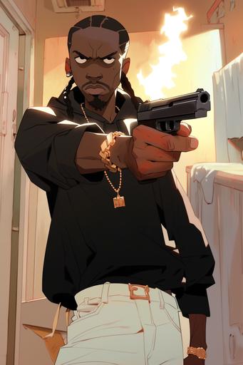A black caribbean Rapper/trapper with a gun,looking like the original with the background full of fire and around the rapper too, fire scene, the rapper wearing a black hoodie hood on the head, Gold Chain, in the boondock style anime character, boondocks anime, explosion, street burning, fire everywhere, cinematic, masterpiece, cartoon, high quality, gangster scene  --s 750 --niji 5 --style expressive