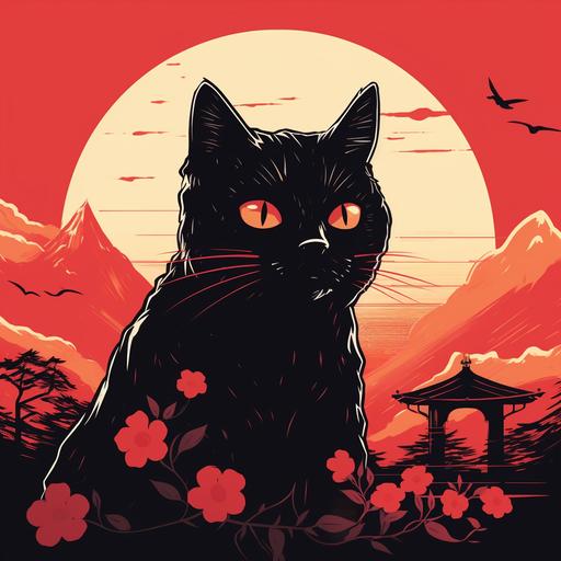 A black cat in japanese anime style. Red filter