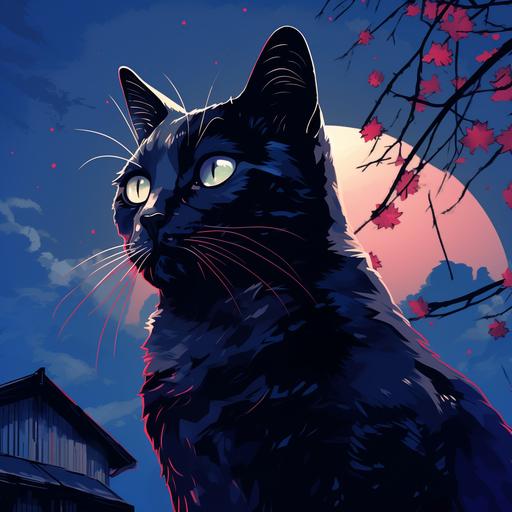 A black cat in japanese anime style. blue filter
