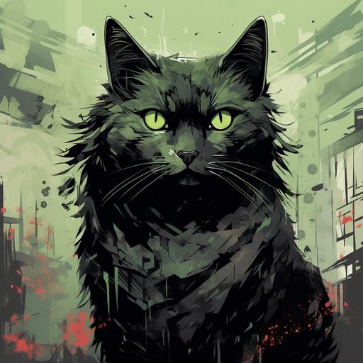 A black cat in japanese anime style. green filter