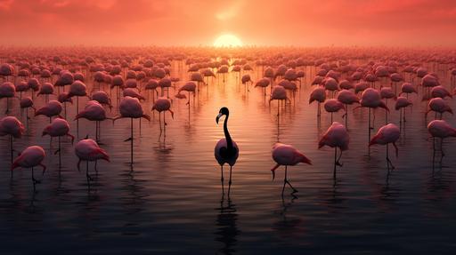 A black flamingo chick in the middle of a flock of pink flamingos, all standing still in a huge lake. sunset --v 5.1 --ar 16:9
