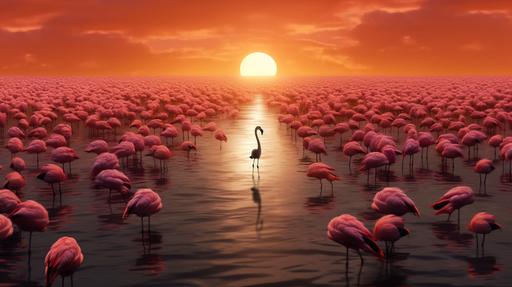 A black flamingo chick in the middle of a flock of pink flamingos, all standing still in a huge lake. sunset --v 5.1 --ar 16:9