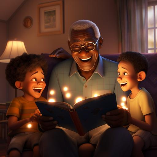 A black grandpa wearing reading glasses sitting in a rocking chair with his grandkids sitting around him, looking at him with excitement as grandpa begins to tell them a fascinating storyin the style of a pixar animation.