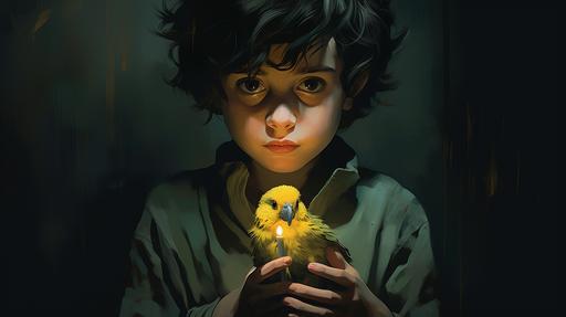 A black-haired boy holding a little cute yellow and green budgie in his hand. scary eyes looking at the child are visible in the dark, realistic, cute, darkness, detailed background --ar 16:9