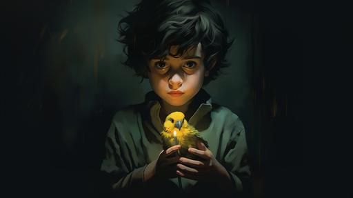 A black-haired boy holding a little cute yellow and green budgie in his hand. scary eyes looking at the child are visible in the dark, realistic, cute, darkness, detailed background --ar 16:9