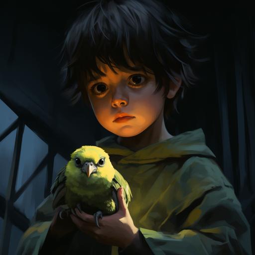 A black-haired boy holding a small yellow and green budgie in his hand. scary eyes looking at the child are visible in the dark, realistic, cute, darkness--ar 16:9