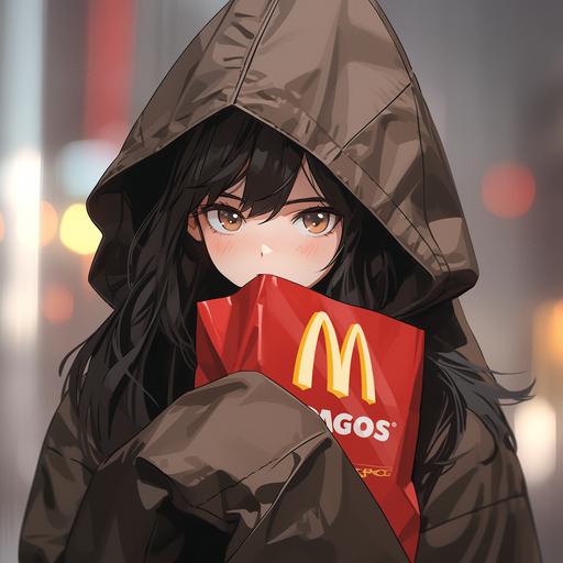 A black haired girl with long hair, wearing a McDonald's paper bag over her head --niji 5