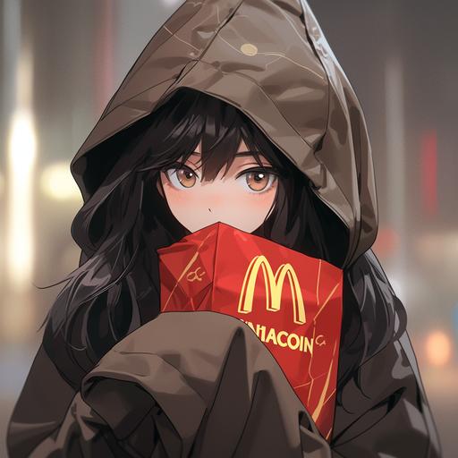 A black haired girl with long hair, wearing a McDonald's paper bag over her head --niji 5