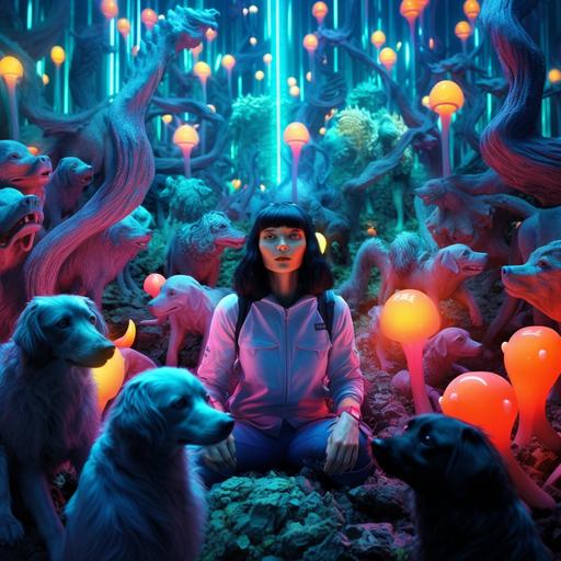 A black-haired queen at an forest of neon mushrooms, surrounded by many adorable dogs. Realistic image with a neverending story aesthetic. very happy image