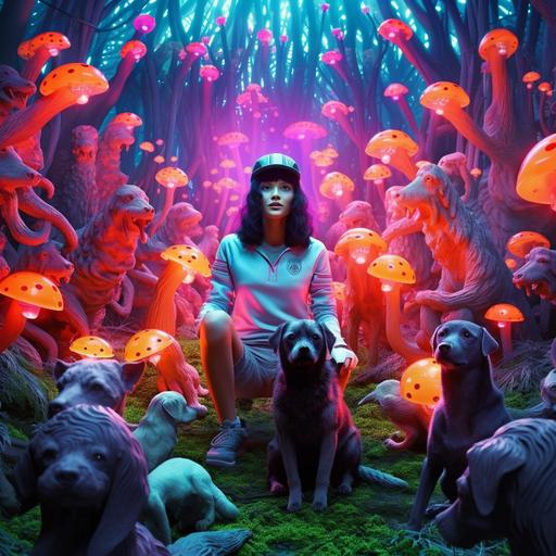 A black-haired queen at an forest of neon mushrooms, surrounded by many adorable dogs. Realistic image with a neverending story aesthetic. very happy image