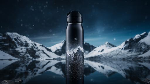 A black hexagonal plastic water bottle in nightssky with stars. north pole view with mysical fog, night sky,frozen,ice,cold ,stars. moonlight. glacier. --ar 16:9