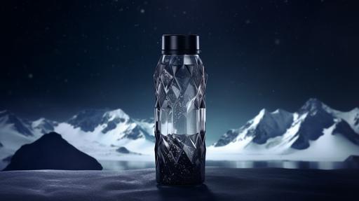 A black hexagonal plastic water bottle in nightssky with stars. north pole view with mysical fog, night sky,frozen,ice,cold ,stars. moonlight. glacier. --ar 16:9