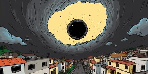 A black hole over the sky of Quito Ecuador swallowing everything as people run and watch in terror. Only one person watches the black hole attentively, cartoon Style --v 5 --ar 2:1