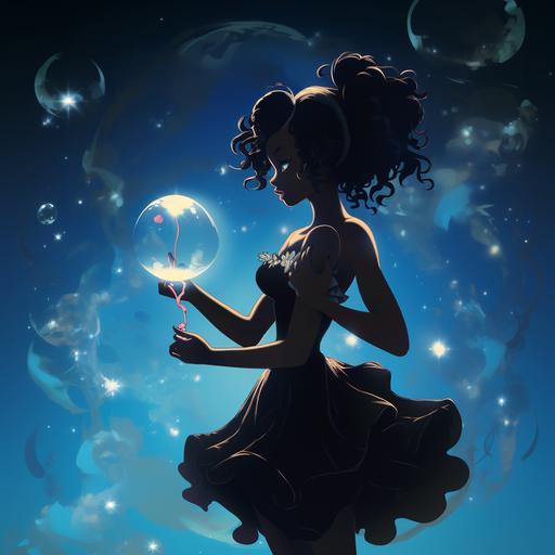 A black silhouette of a anime fairy with buttefly winxs keeping a small bubble in her hands