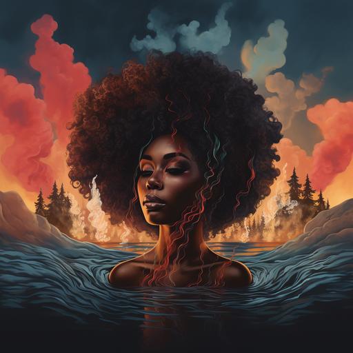 A black woman with afro in water with heaven on the right side and hell on the left side