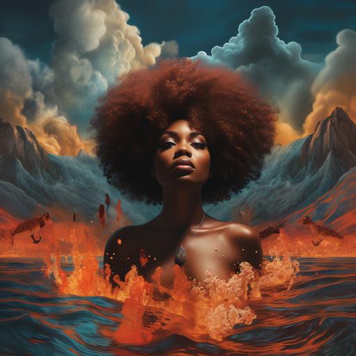 A black woman with afro in water with heaven on the right side and hell on the left side