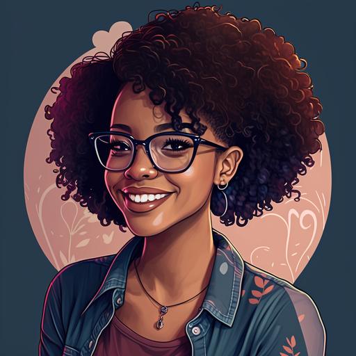 A black woman with curly hair with glasses smiling cartoon