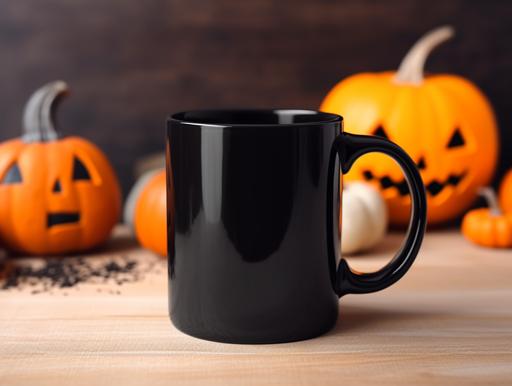 A blank black coffee mug. Close up. Centered. coffee mug mockup. Empty black coffee mug. On a white wooden bench. Spooky halloween background. Skulls and candles and pumpkins and spiders. Halloween themed. No graphic on mug mockup. --ar 24:18 --s 750 --v 5.1