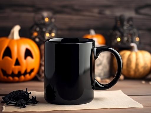 A blank black coffee mug. Close up. Centered. coffee mug mockup. Empty black coffee mug. On a white wooden bench. Spooky halloween background. Skulls and candles and pumpkins and spiders. Halloween themed. No graphic on mug mockup. --ar 24:18 --s 750 --v 5.1
