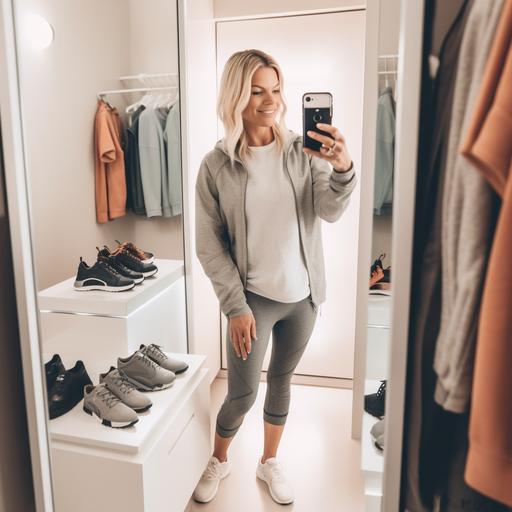 A blonde happy mom taking a selfie infront of a mirror with her cellphone in her walking closet wearing a athleisure outfit with sneakers --v 5