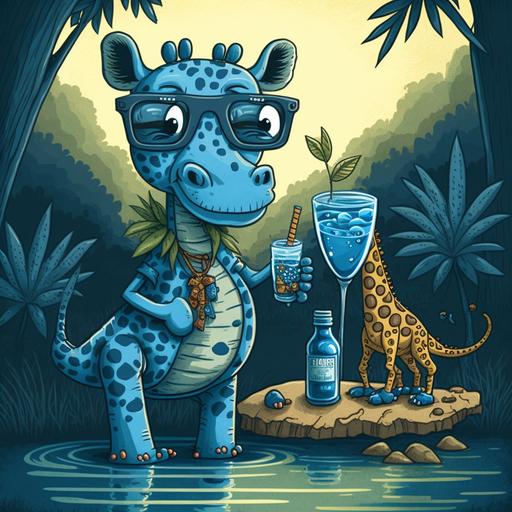 A blue CARTOON giraffe CHARACTER WITH SUNGLASSES AND BOOTS IN THE JUNGLE NEAR A RIVER DRINKING COCKTAILs with his crocodile friend