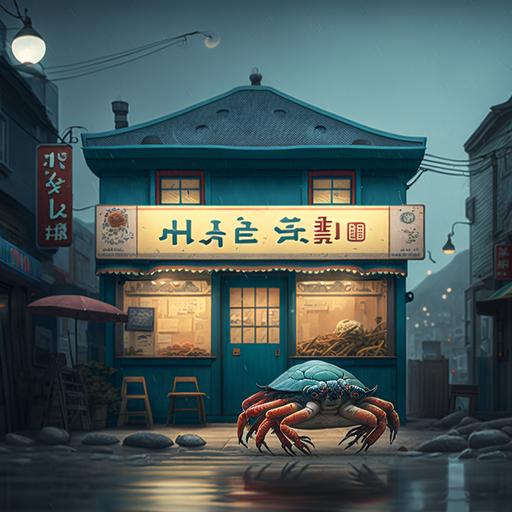 A blue crab is barking like a dog in front of a tteokbokki restaurant.