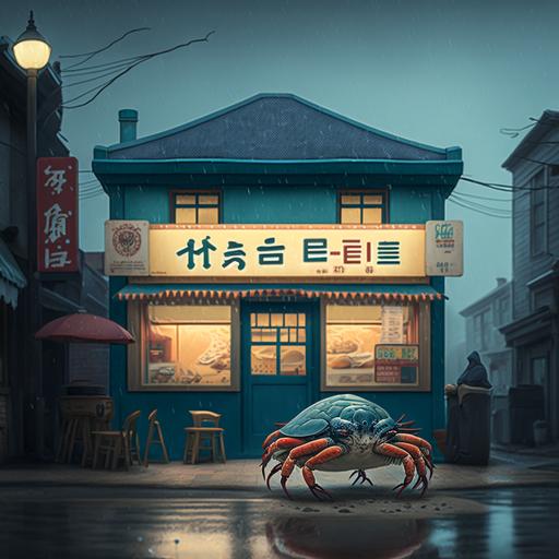 A blue crab is barking like a dog in front of a tteokbokki restaurant.